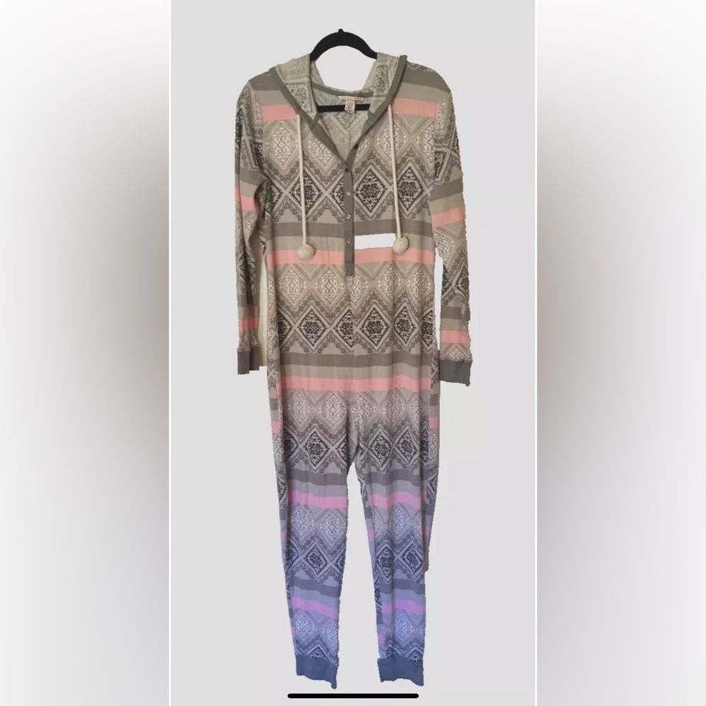 Victorias Secret Thermal Hooded Pajama One Piece Pink Gray White Size XLarge